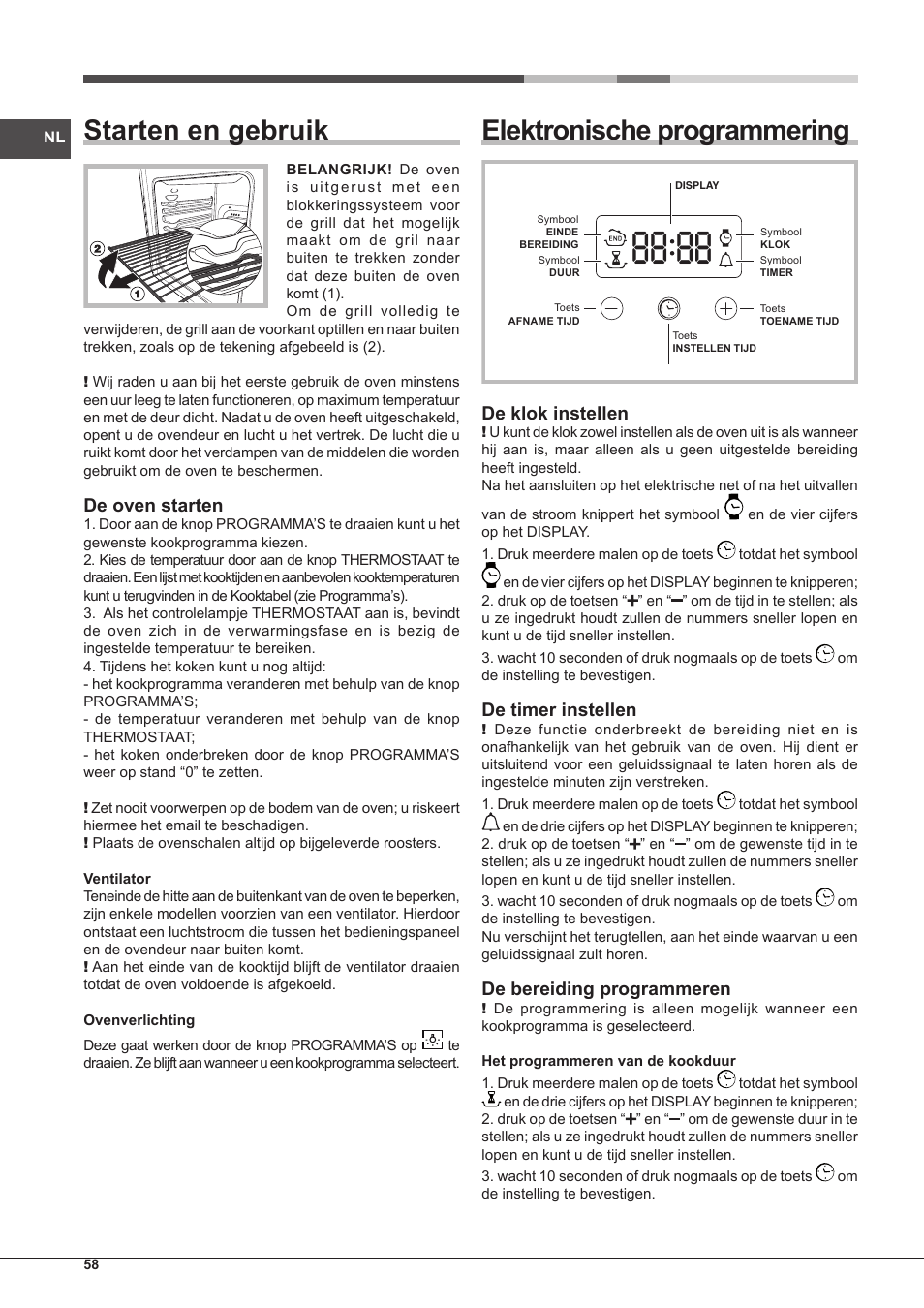 Starten en gebruik, Elektronische programmering, De oven starten | De klok instellen, De timer instellen, De bereiding programmeren | Hotpoint Ariston Style FHS 536 IX-HA User Manual | Page 58 / 84