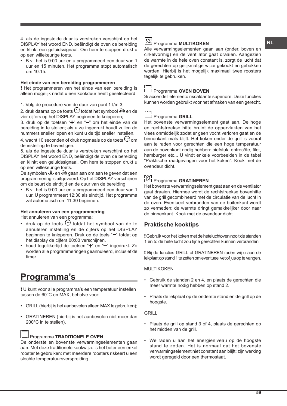 Programma’s, Praktische kooktips | Hotpoint Ariston Style FHS 536 IX-HA User Manual | Page 59 / 84