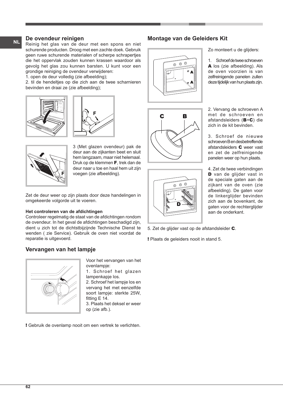 De ovendeur reinigen, Vervangen van het lampje, Montage van de geleiders kit | Hotpoint Ariston Style FHS 536 IX-HA User Manual | Page 62 / 84