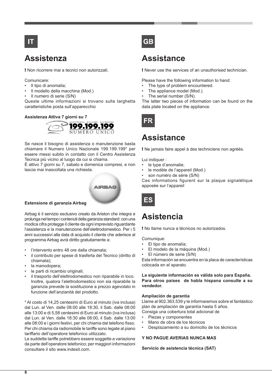 Assistenza, Assistance, Asistencia | Hotpoint Ariston Style FHS 536 IX-HA User Manual | Page 8 / 84