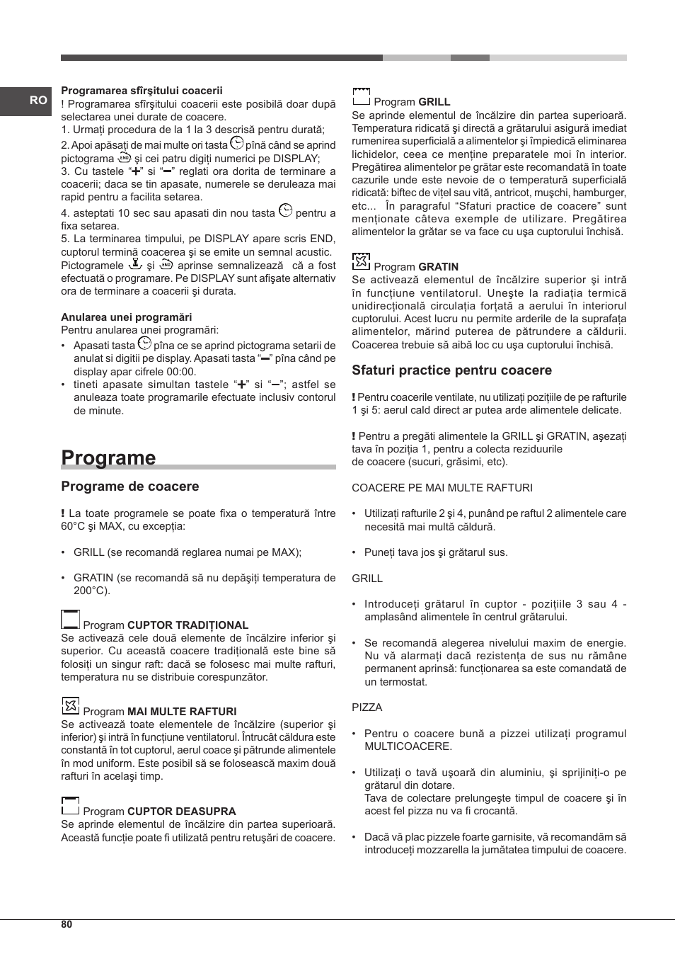 Programe, Programe de coacere, Sfaturi practice pentru coacere | Hotpoint Ariston Style FHS 536 IX-HA User Manual | Page 80 / 84
