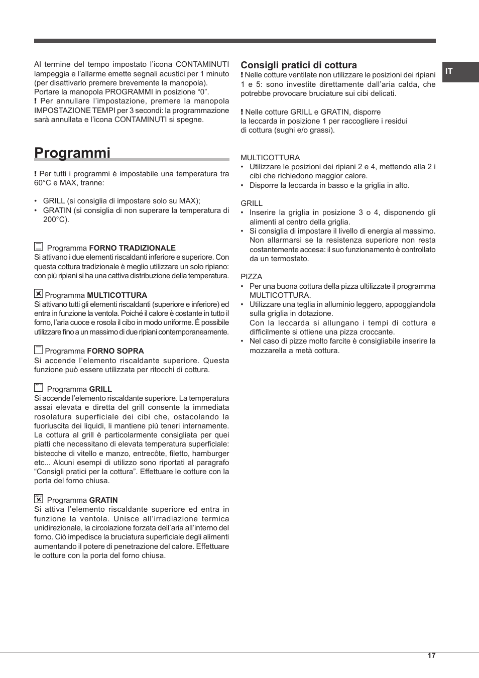 Programmi, Consigli pratici di cottura | Hotpoint Ariston Style FH 51 (BK)-HA User Manual | Page 17 / 76