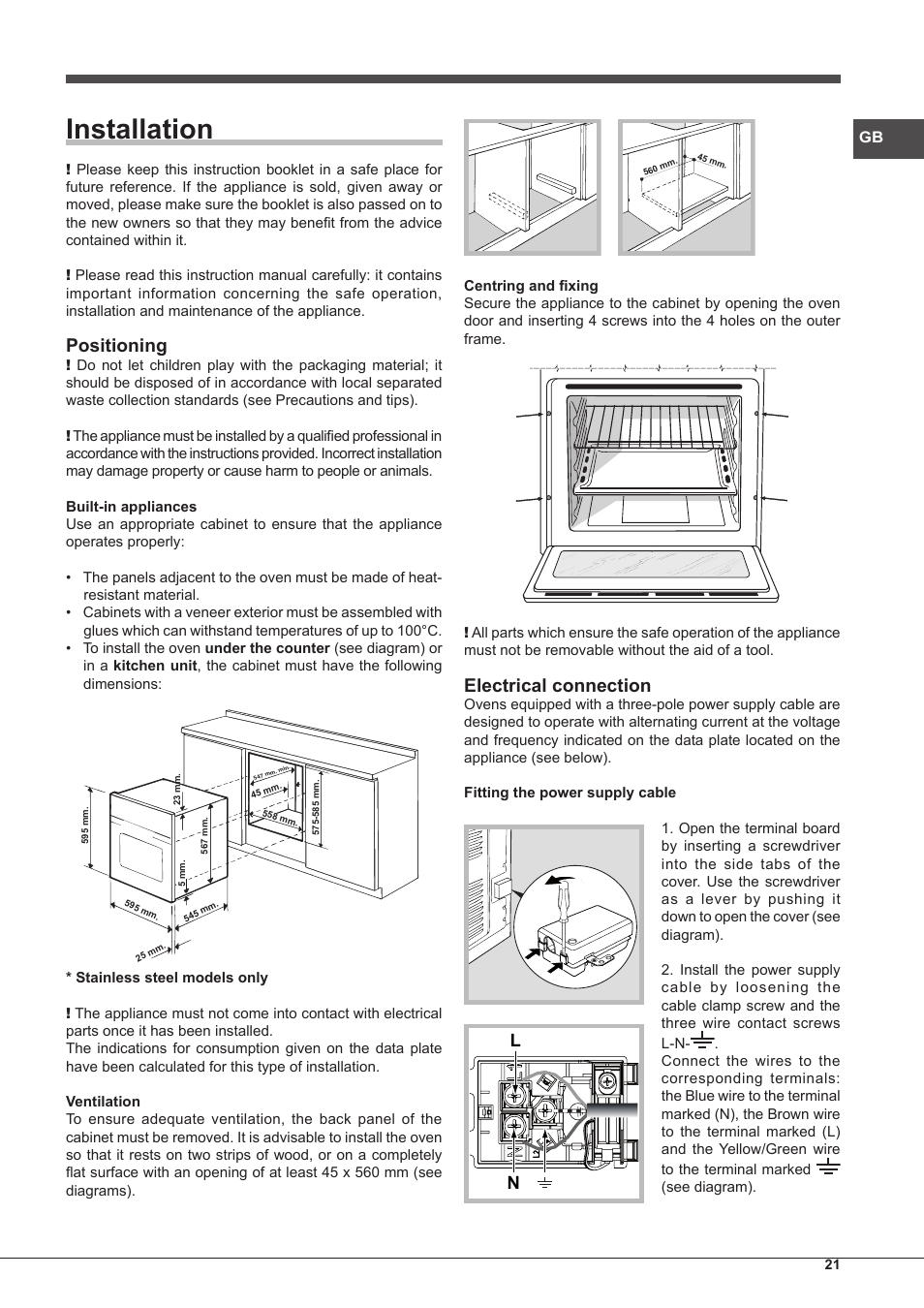 Installation, Positioning, Electrical connection | Hotpoint Ariston Style FH 51 (BK)-HA User Manual | Page 21 / 76