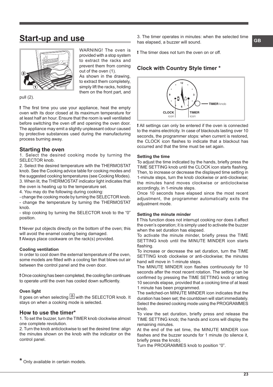 Start-up and use, Starting the oven, How to use the timer | Clock with country style timer | Hotpoint Ariston Style FH 51 (BK)-HA User Manual | Page 23 / 76