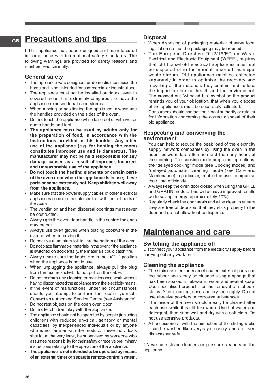 Precautions and tips, Maintenance and care, General safety | Disposal, Respecting and conserving the environment, Switching the appliance off, Cleaning the appliance | Hotpoint Ariston Style FH 51 (BK)-HA User Manual | Page 26 / 76