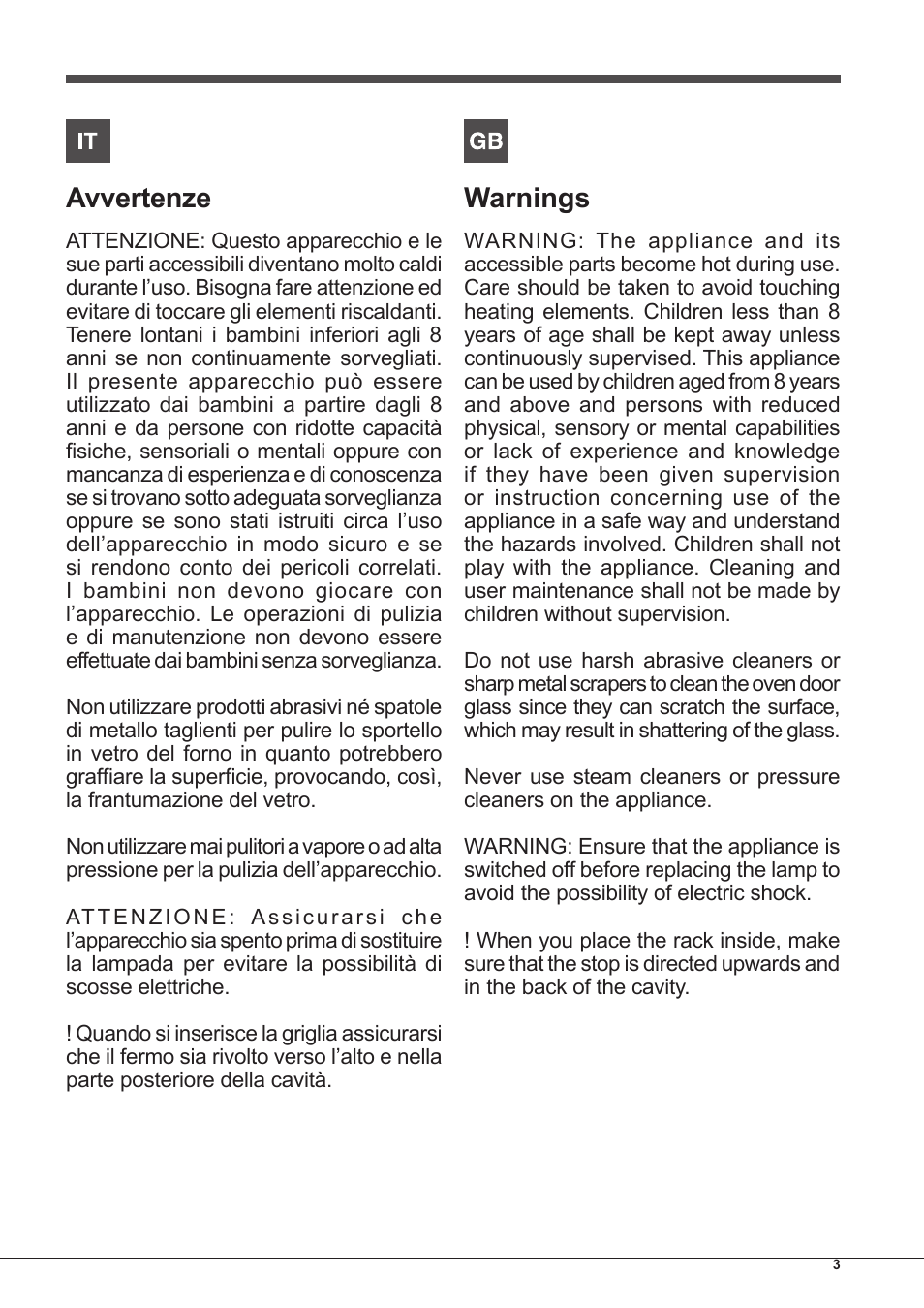 Avvertenze, Warnings | Hotpoint Ariston Style FH 51 (BK)-HA User Manual | Page 3 / 76