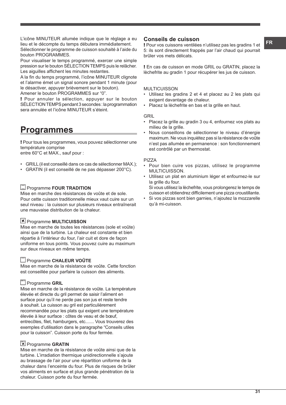 Programmes, Conseils de cuisson | Hotpoint Ariston Style FH 51 (BK)-HA User Manual | Page 31 / 76