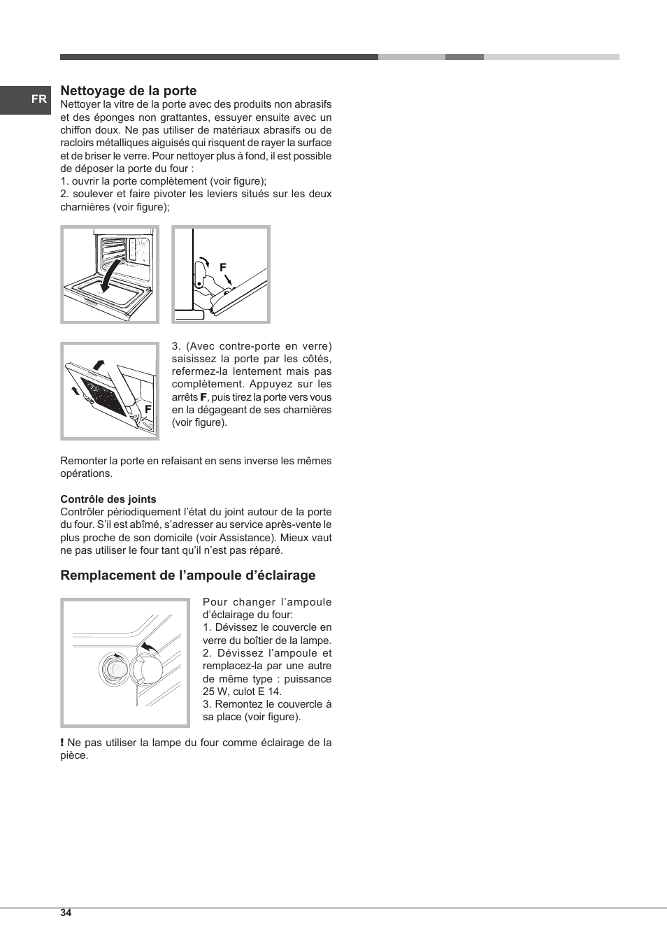 Nettoyage de la porte, Remplacement de l’ampoule d’éclairage | Hotpoint Ariston Style FH 51 (BK)-HA User Manual | Page 34 / 76