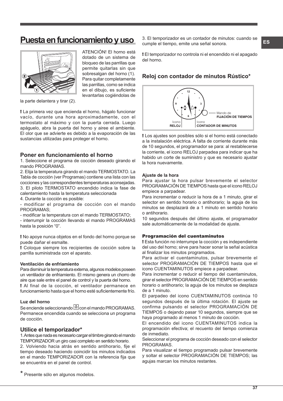 Puesta en funcionamiento y uso, Poner en funcionamiento el horno, Utilice el temporizador | Reloj con contador de minutos rústico | Hotpoint Ariston Style FH 51 (BK)-HA User Manual | Page 37 / 76