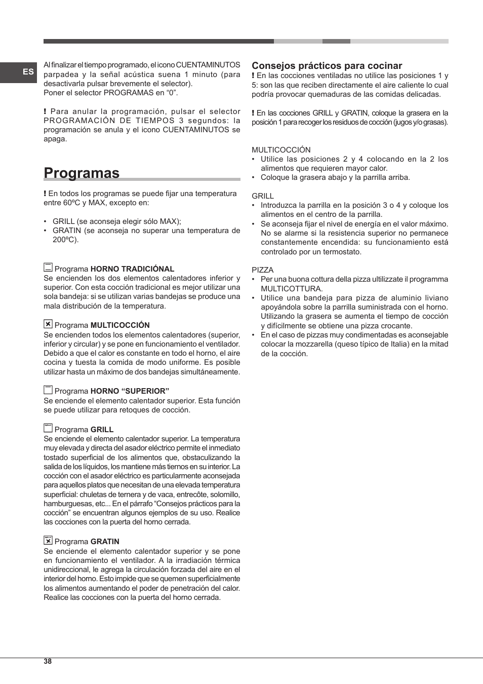 Programas, Consejos prácticos para cocinar | Hotpoint Ariston Style FH 51 (BK)-HA User Manual | Page 38 / 76