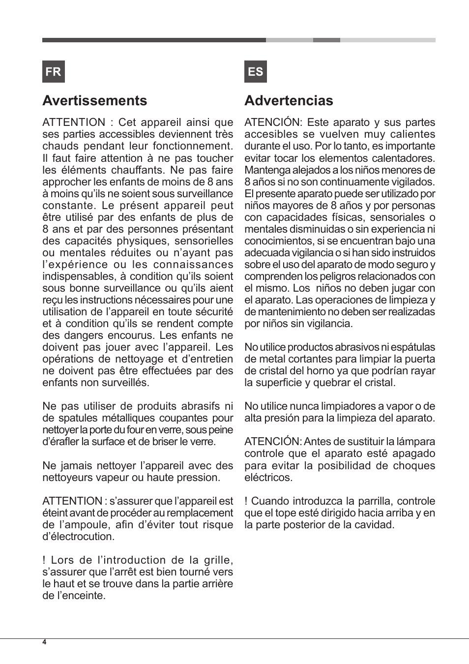 Avertissements, Advertencias | Hotpoint Ariston Style FH 51 (BK)-HA User Manual | Page 4 / 76