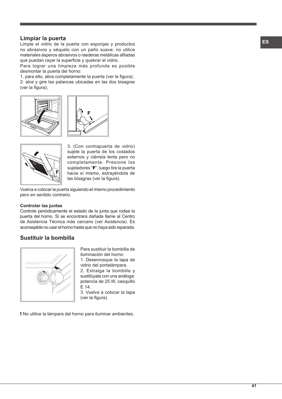 Limpiar la puerta, Sustituir la bombilla | Hotpoint Ariston Style FH 51 (BK)-HA User Manual | Page 41 / 76