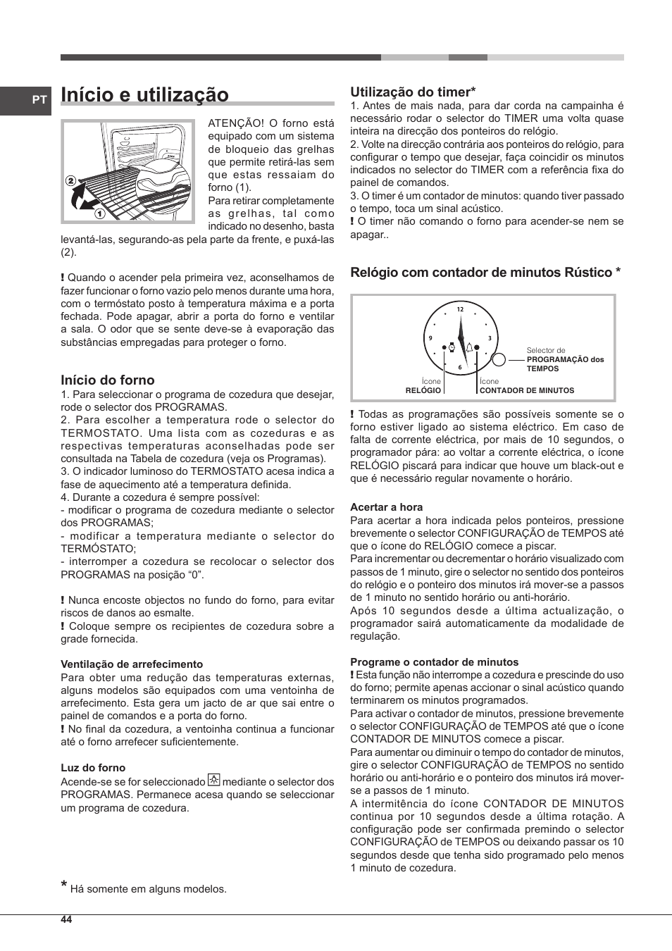 Início e utilização, Início do forno, Utilização do timer | Relógio com contador de minutos rústico | Hotpoint Ariston Style FH 51 (BK)-HA User Manual | Page 44 / 76