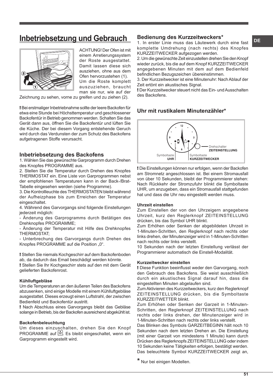 Inbetriebsetzung und gebrauch, Inbetriebsetzung des backofens, Bedienung des kurzzeitweckers | Uhr mit rustikalem minutenzähler | Hotpoint Ariston Style FH 51 (BK)-HA User Manual | Page 51 / 76