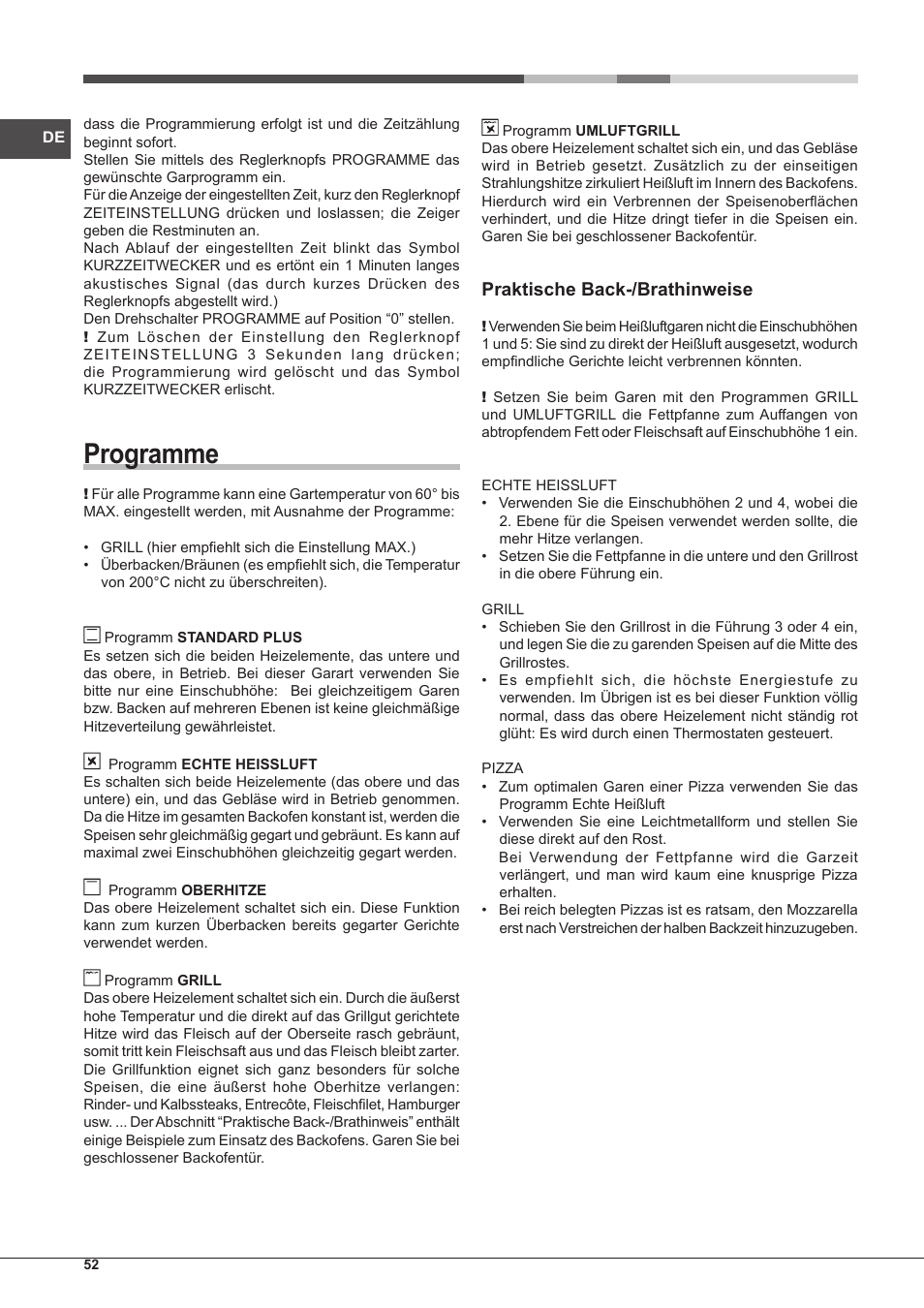 Programme, Praktische back-/brathinweise | Hotpoint Ariston Style FH 51 (BK)-HA User Manual | Page 52 / 76