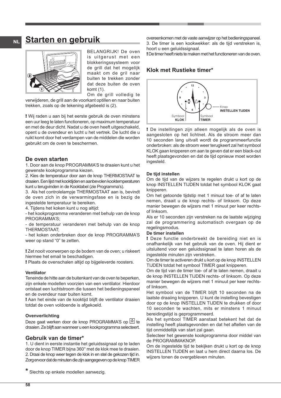 Starten en gebruik, De oven starten, Gebruik van de timer | Klok met rustieke timer | Hotpoint Ariston Style FH 51 (BK)-HA User Manual | Page 58 / 76