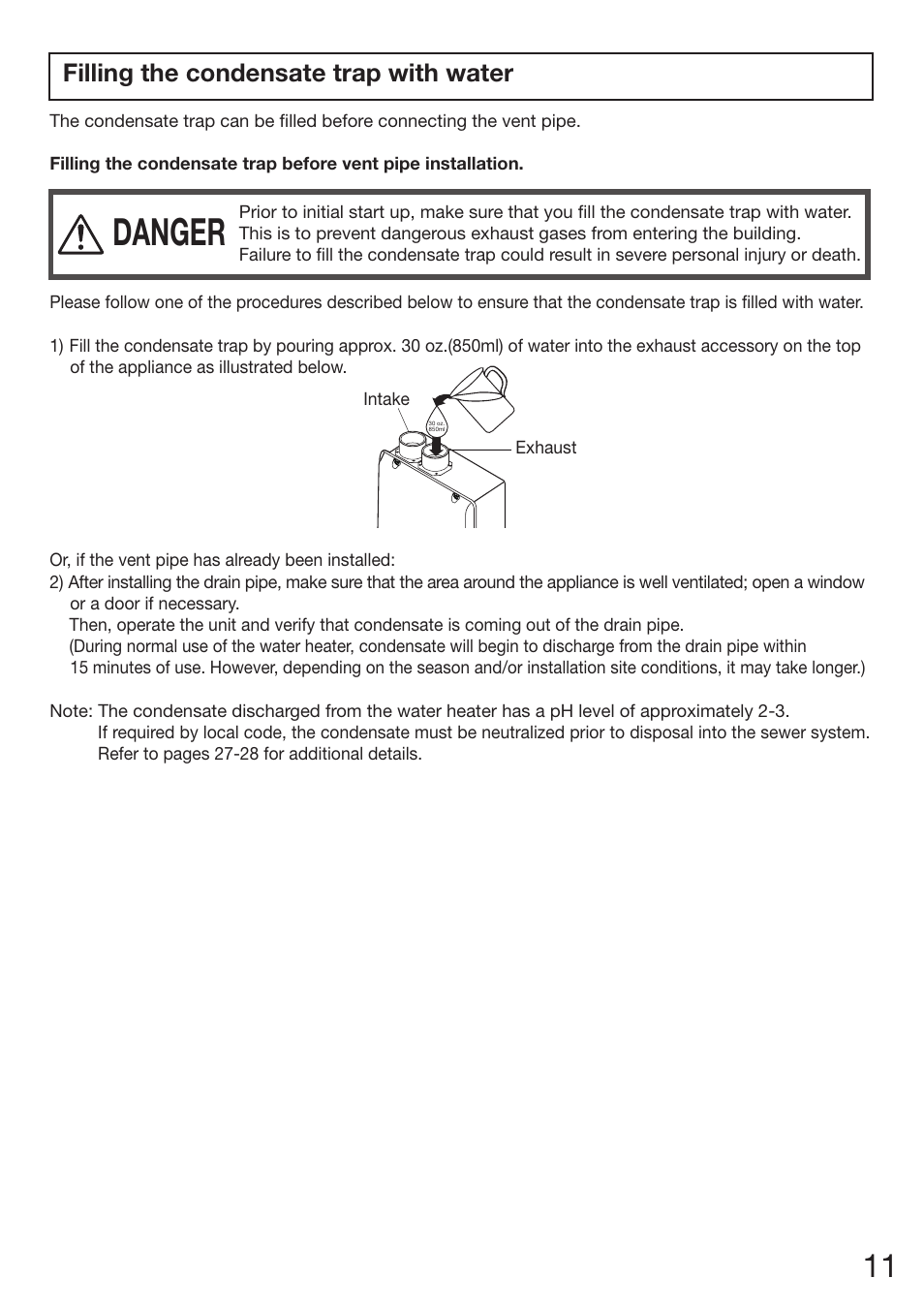 Danger, Filling the condensate trap with water | Electrolux EN18WI30LS User Manual | Page 13 / 84