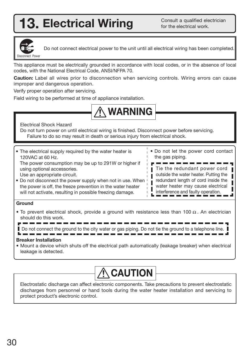 Electrical wiring, Warning, Caution | Electrolux EN18WI30LS User Manual | Page 32 / 84