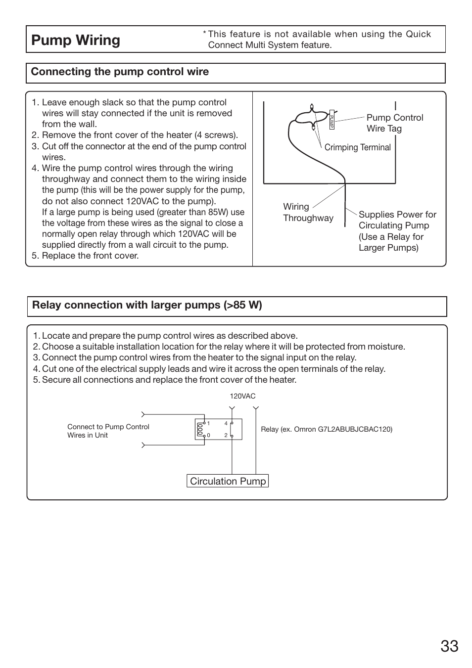 Pump wiring, Connecting the pump control wire, Relay connection with larger pumps (>85 w) | Electrolux EN18WI30LS User Manual | Page 35 / 84