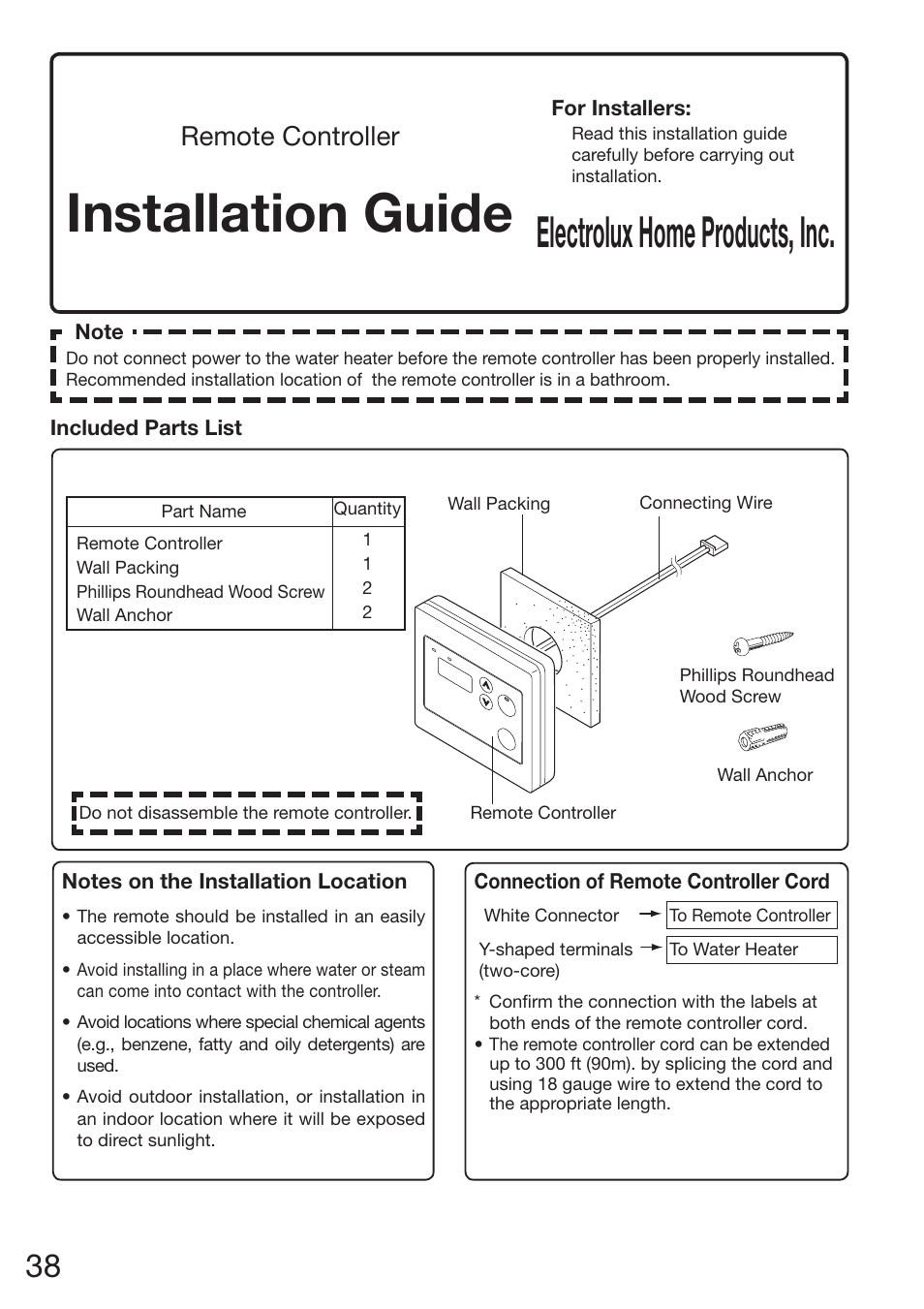 Installation guide, Electrolux home products, inc, Remote controller | Electrolux EN18WI30LS User Manual | Page 40 / 84