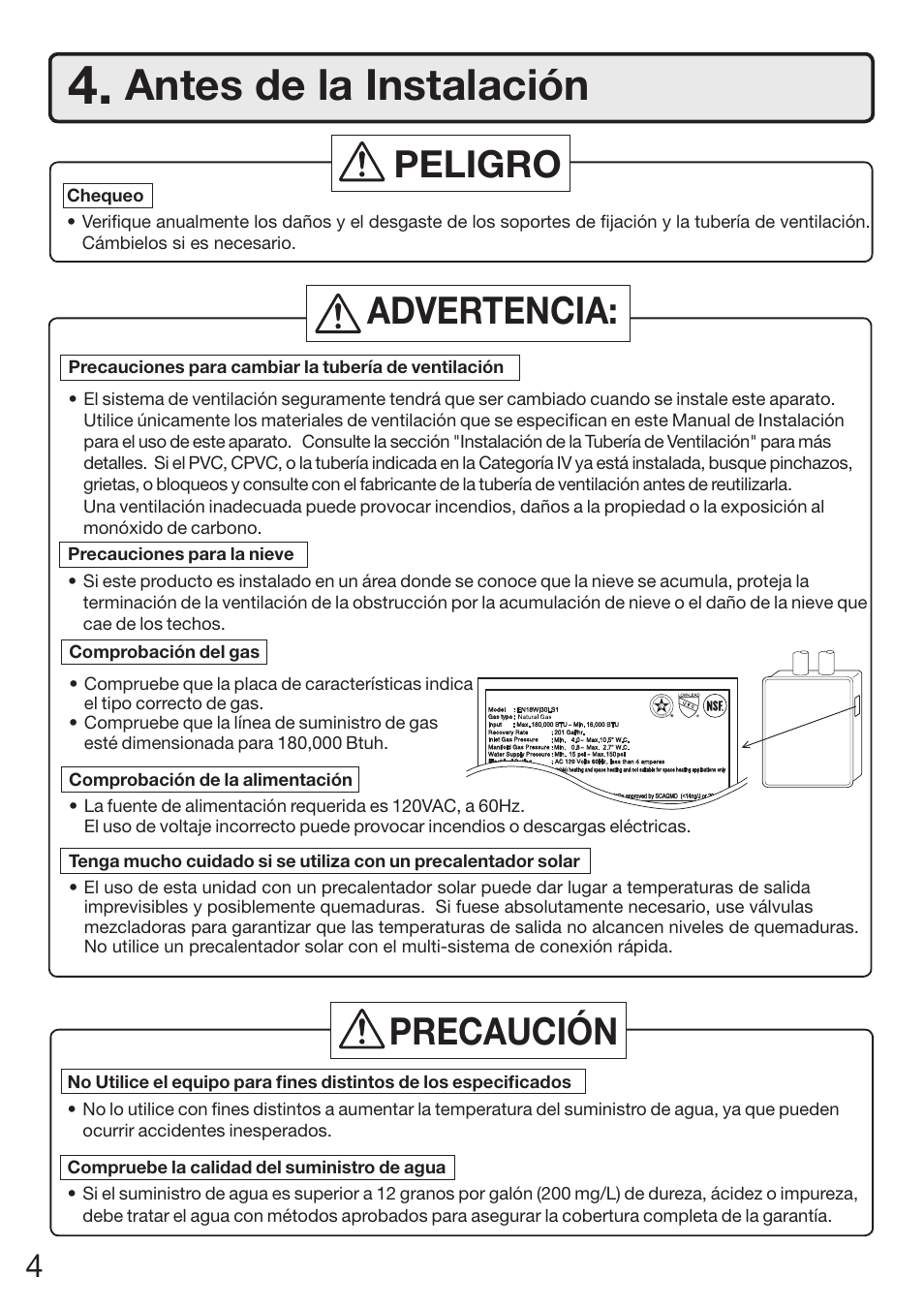 Antes de la instalación, Peligro, Advertencia: precaución | Electrolux EN18WI30LS User Manual | Page 48 / 84