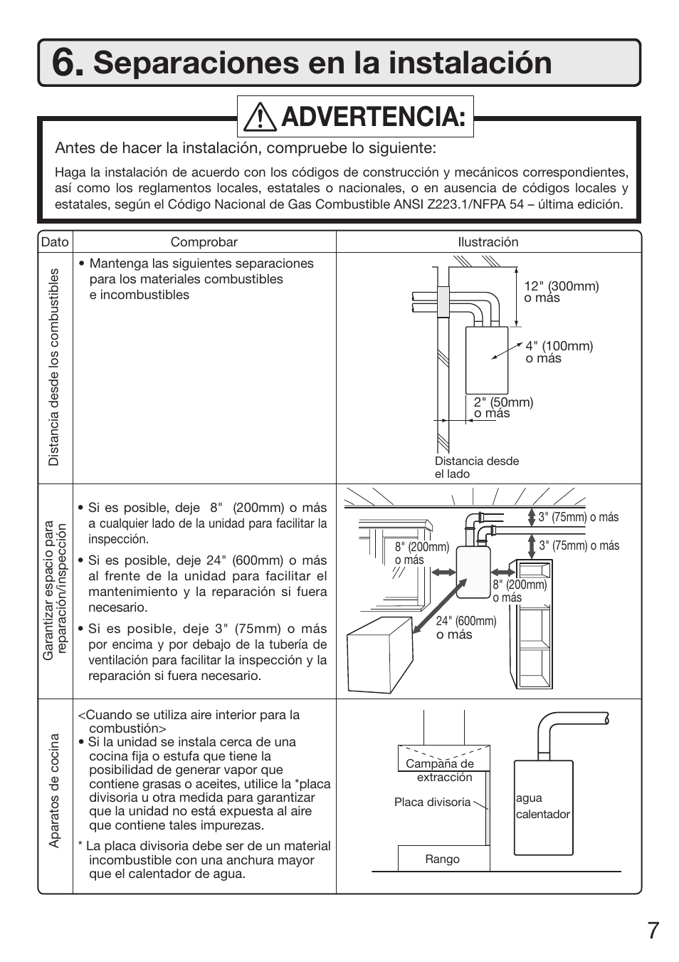 Separaciones en la instalación, Advertencia | Electrolux EN18WI30LS User Manual | Page 51 / 84