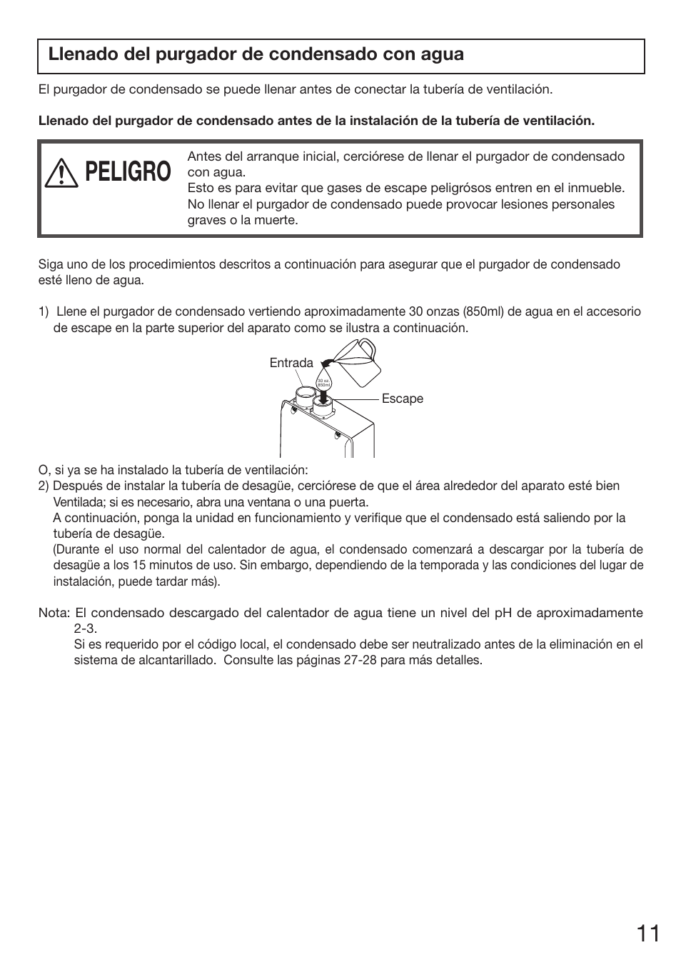 Peligro, Llenado del purgador de condensado con agua | Electrolux EN18WI30LS User Manual | Page 55 / 84