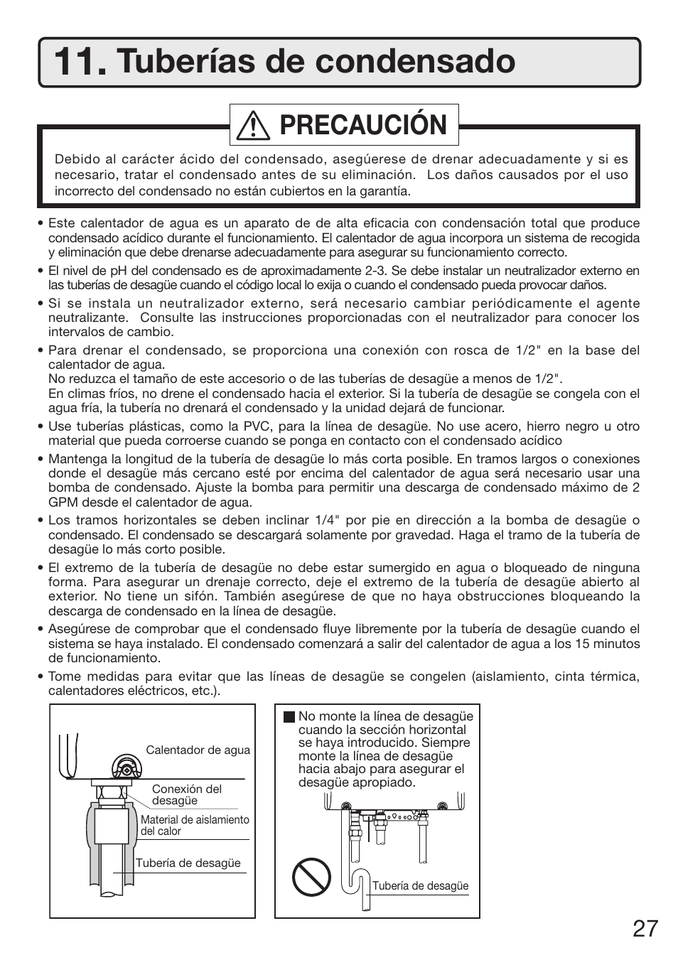 Tuberías de condensado, Precaución | Electrolux EN18WI30LS User Manual | Page 71 / 84