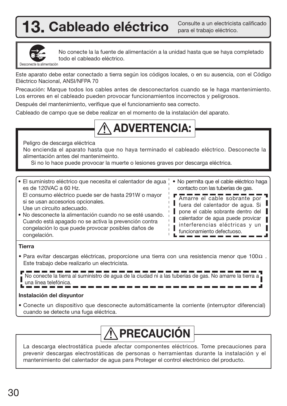 Cableado eléctrico, Advertencia, Precaución | Electrolux EN18WI30LS User Manual | Page 74 / 84