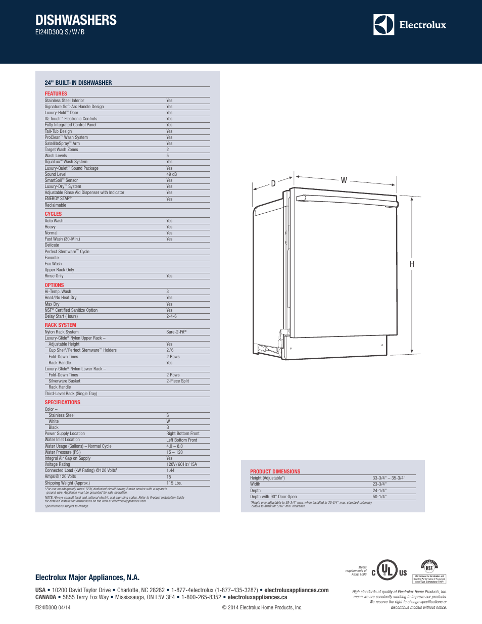 Dishwashers, Electrolux major appliances, n.a, Ei24id30q s / w / b | Electrolux EI24ID30QB User Manual | Page 2 / 6