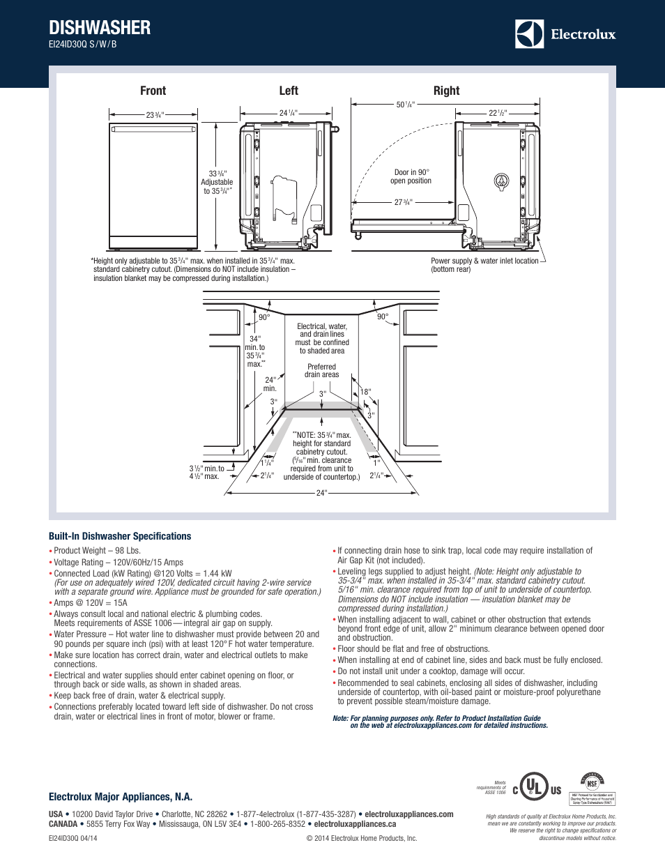 Dishwasher, Front, Left | Right, Electrolux major appliances, n.a | Electrolux EI24ID30QB User Manual | Page 3 / 6