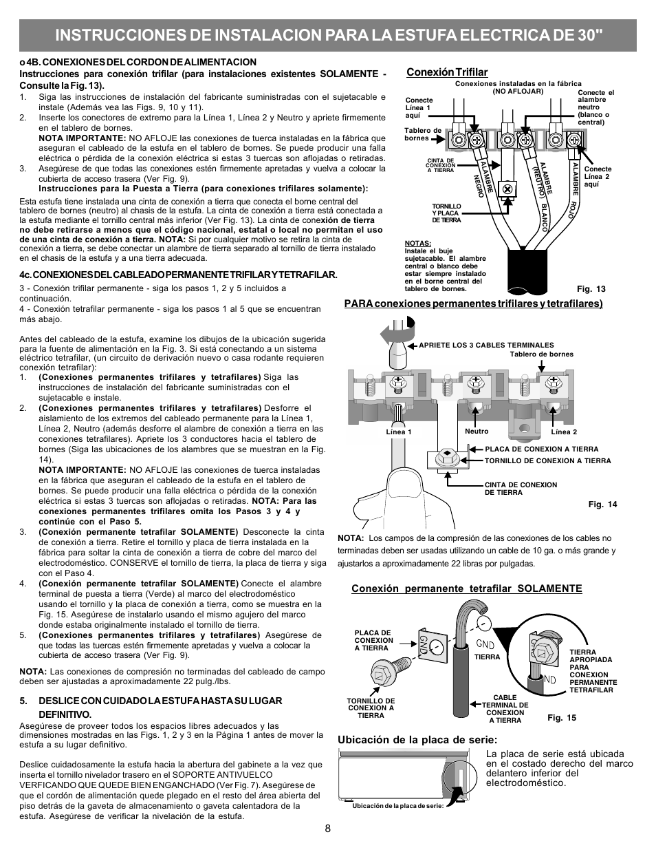 Conexión trifilar, Ubicación de la placa de serie | FRIGIDAIRE FFEF3050LS User Manual | Page 8 / 8