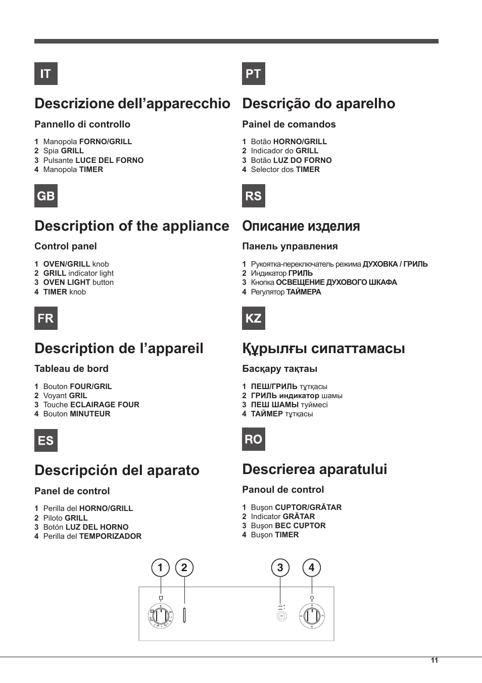Descrizione dell’apparecchio, Description of the appliance, Description de l’appareil | Descripción del aparato, Descrição do aparelho, Описание изделия, Құрылғы сипаттамасы, Descrierea aparatului, Pannello di controllo, Control panel | Hotpoint Ariston FH G /HA S User Manual | Page 11 / 80