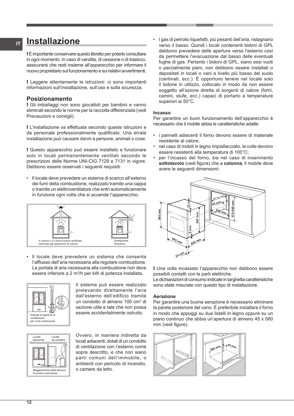 Installazione, Posizionamento | Hotpoint Ariston FH G /HA S User Manual | Page 12 / 80