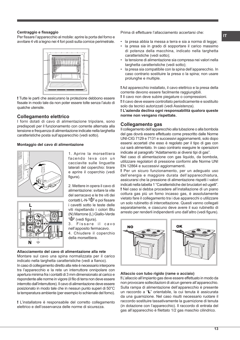 Collegamento elettrico, Collegamento gas | Hotpoint Ariston FH G /HA S User Manual | Page 13 / 80
