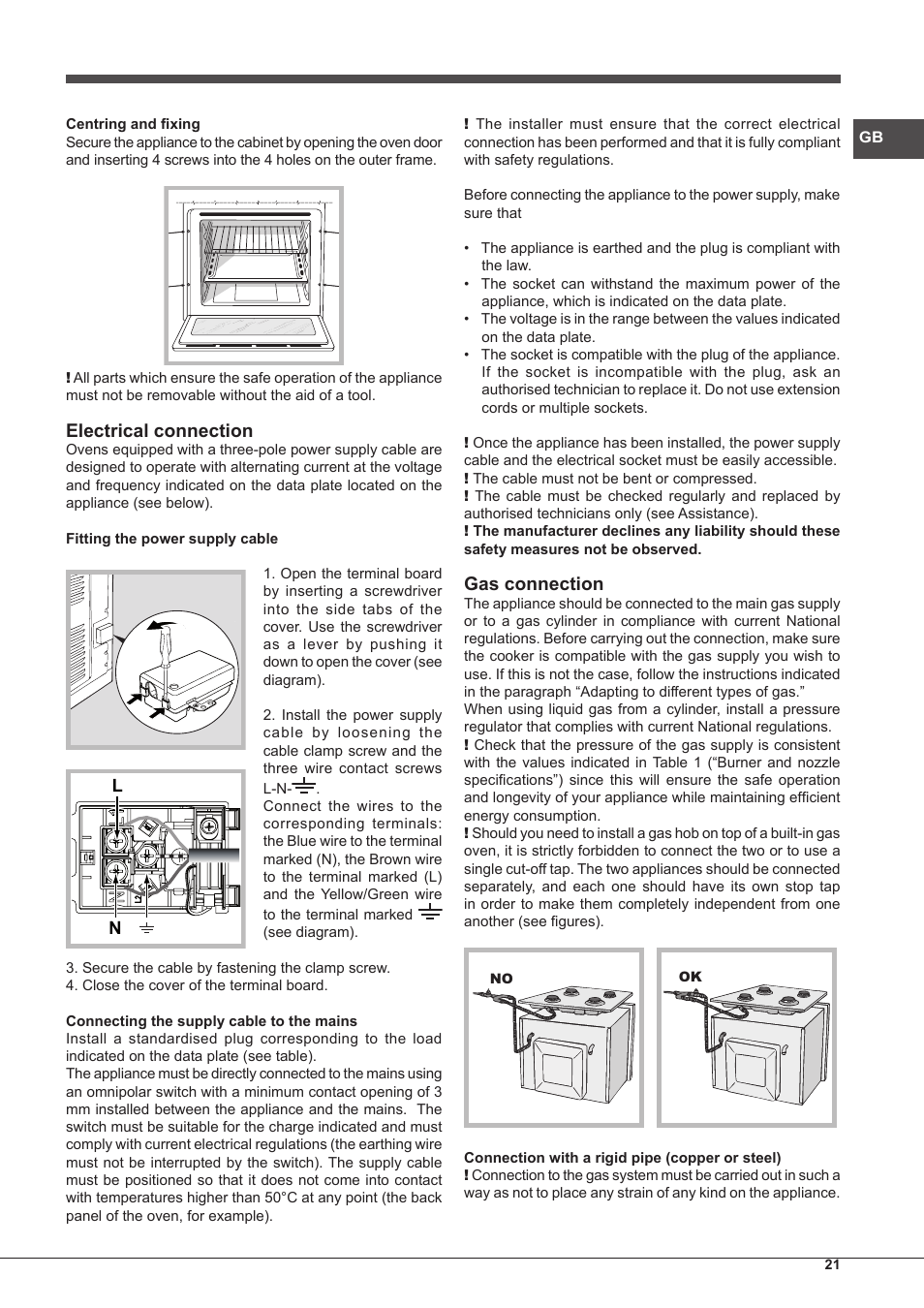 Electrical connection, Gas connection | Hotpoint Ariston FH G /HA S User Manual | Page 21 / 80