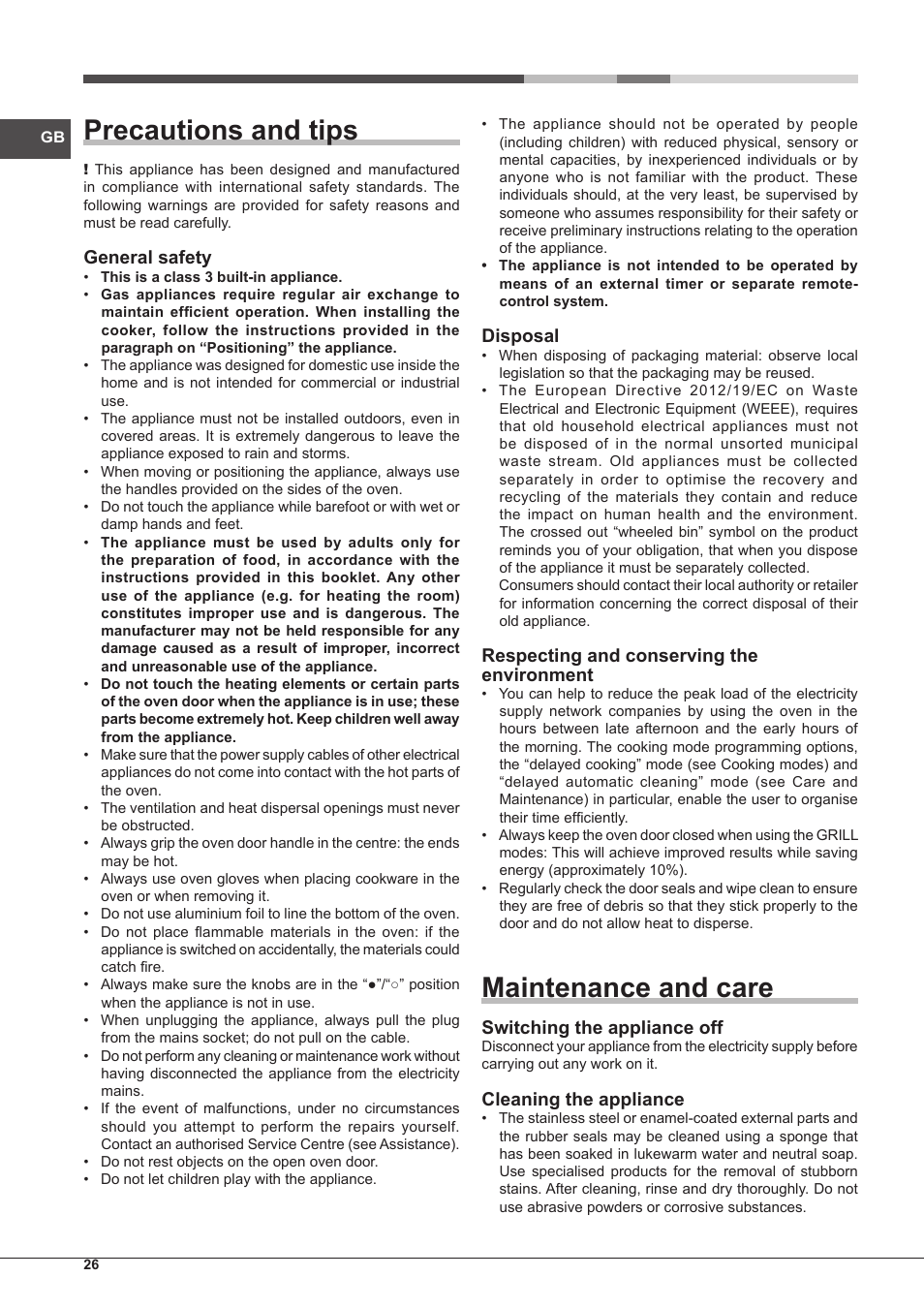 Precautions and tips, Maintenance and care, General safety | Disposal, Respecting and conserving the environment, Switching the appliance off, Cleaning the appliance | Hotpoint Ariston FH G /HA S User Manual | Page 26 / 80