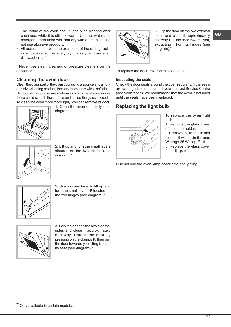 Cleaning the oven door, Replacing the light bulb | Hotpoint Ariston FH G /HA S User Manual | Page 27 / 80