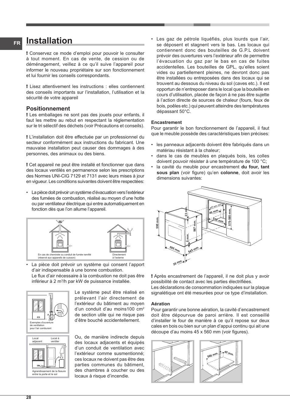 Installation, Positionnement | Hotpoint Ariston FH G /HA S User Manual | Page 28 / 80