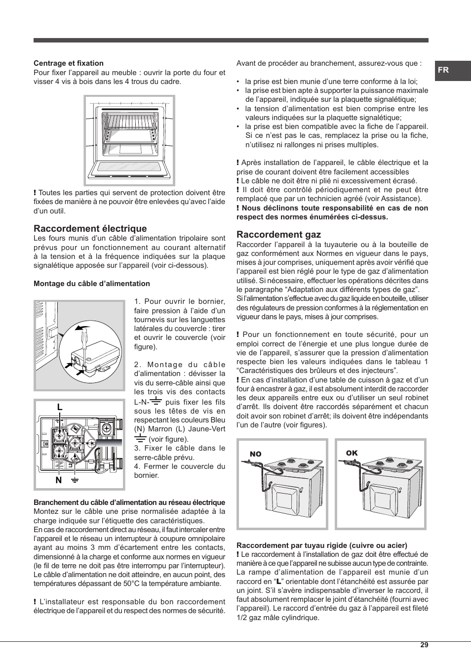 Raccordement électrique, Raccordement gaz | Hotpoint Ariston FH G /HA S User Manual | Page 29 / 80