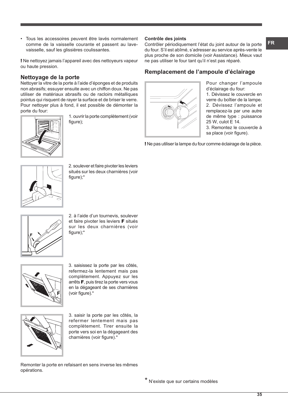 Nettoyage de la porte, Remplacement de l’ampoule d’éclairage | Hotpoint Ariston FH G /HA S User Manual | Page 35 / 80