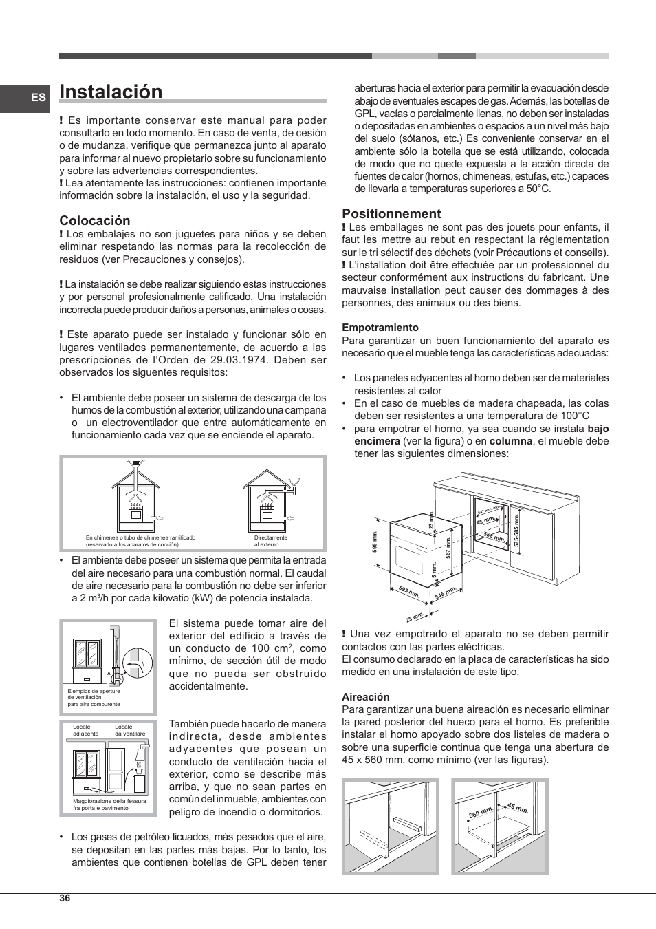 Instalación, Colocación, Positionnement | Hotpoint Ariston FH G /HA S User Manual | Page 36 / 80