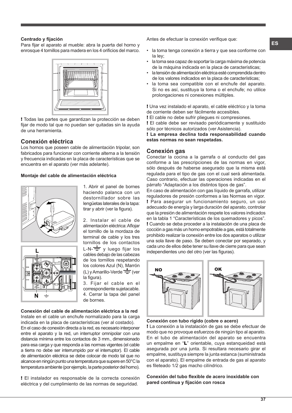 Conexión eléctrica, Conexión gas | Hotpoint Ariston FH G /HA S User Manual | Page 37 / 80