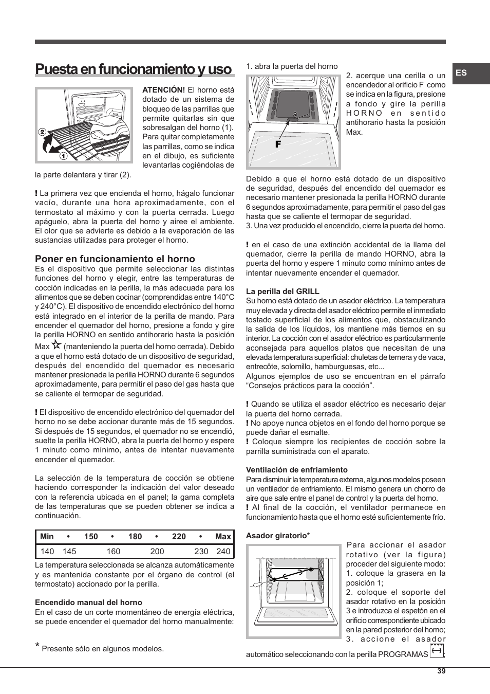 Puesta en funcionamiento y uso, Poner en funcionamiento el horno | Hotpoint Ariston FH G /HA S User Manual | Page 39 / 80