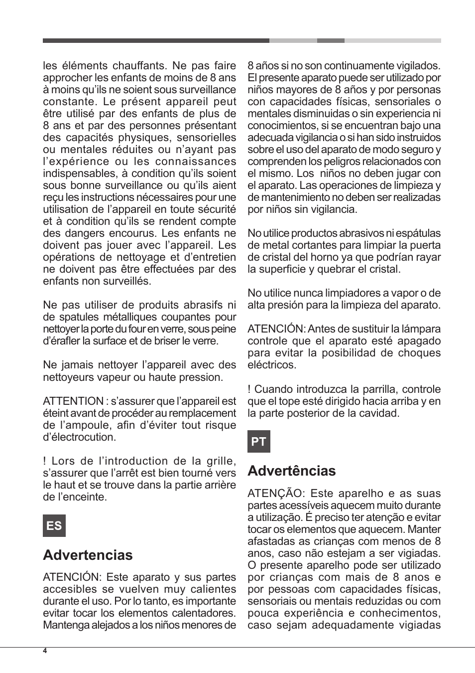 Advertencias, Advertências | Hotpoint Ariston FH G /HA S User Manual | Page 4 / 80