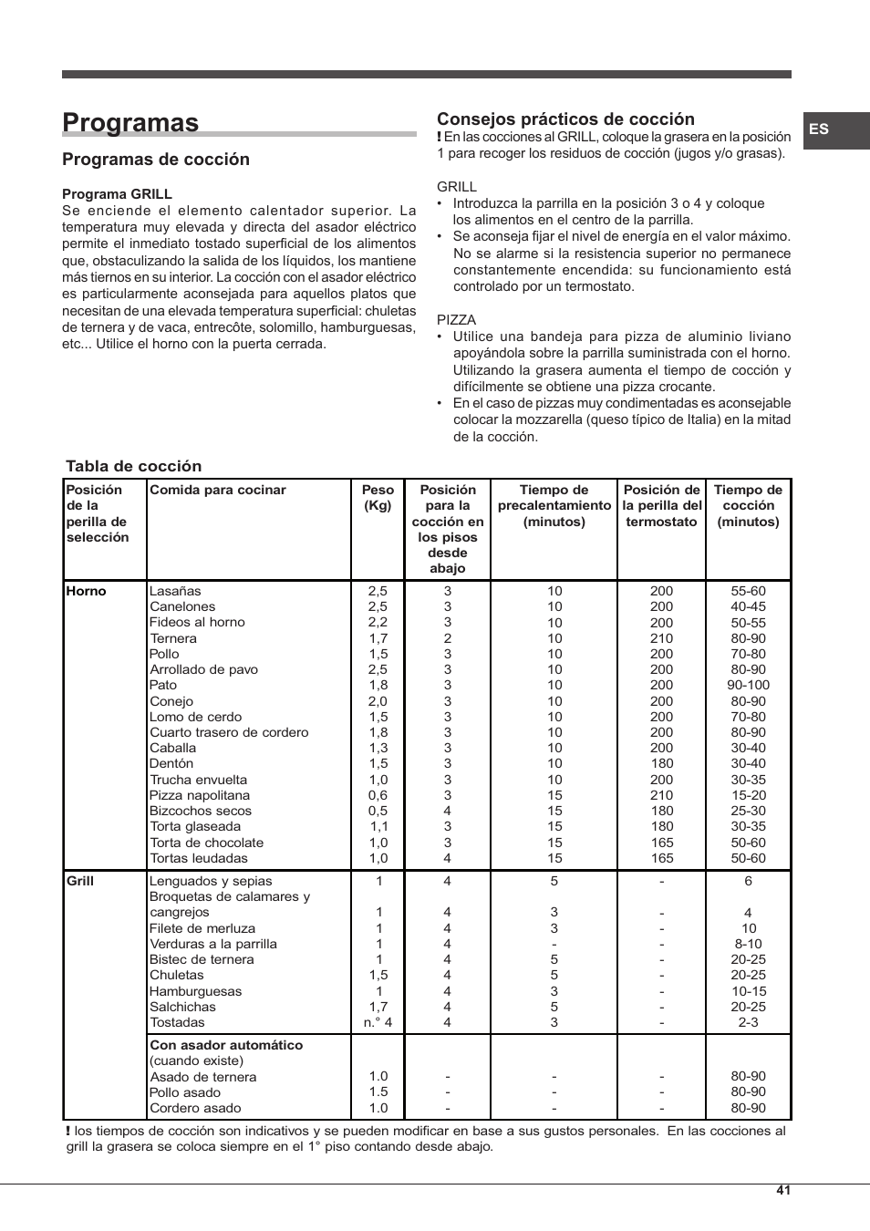 Programas, Programas de cocción, Consejos prácticos de cocción | Hotpoint Ariston FH G /HA S User Manual | Page 41 / 80