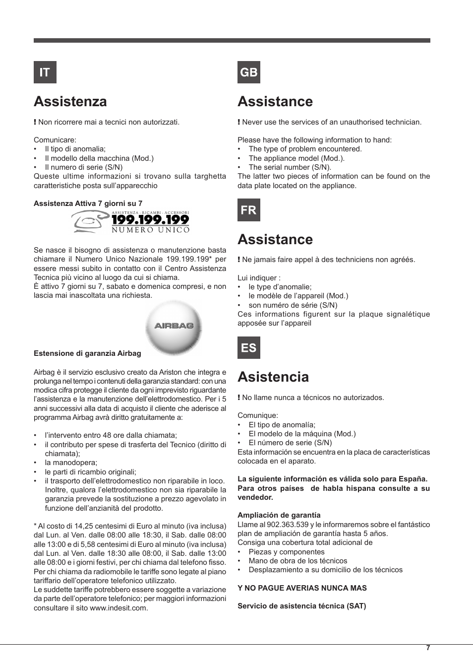 Assistenza, Assistance, Asistencia | Hotpoint Ariston FH G /HA S User Manual | Page 7 / 80