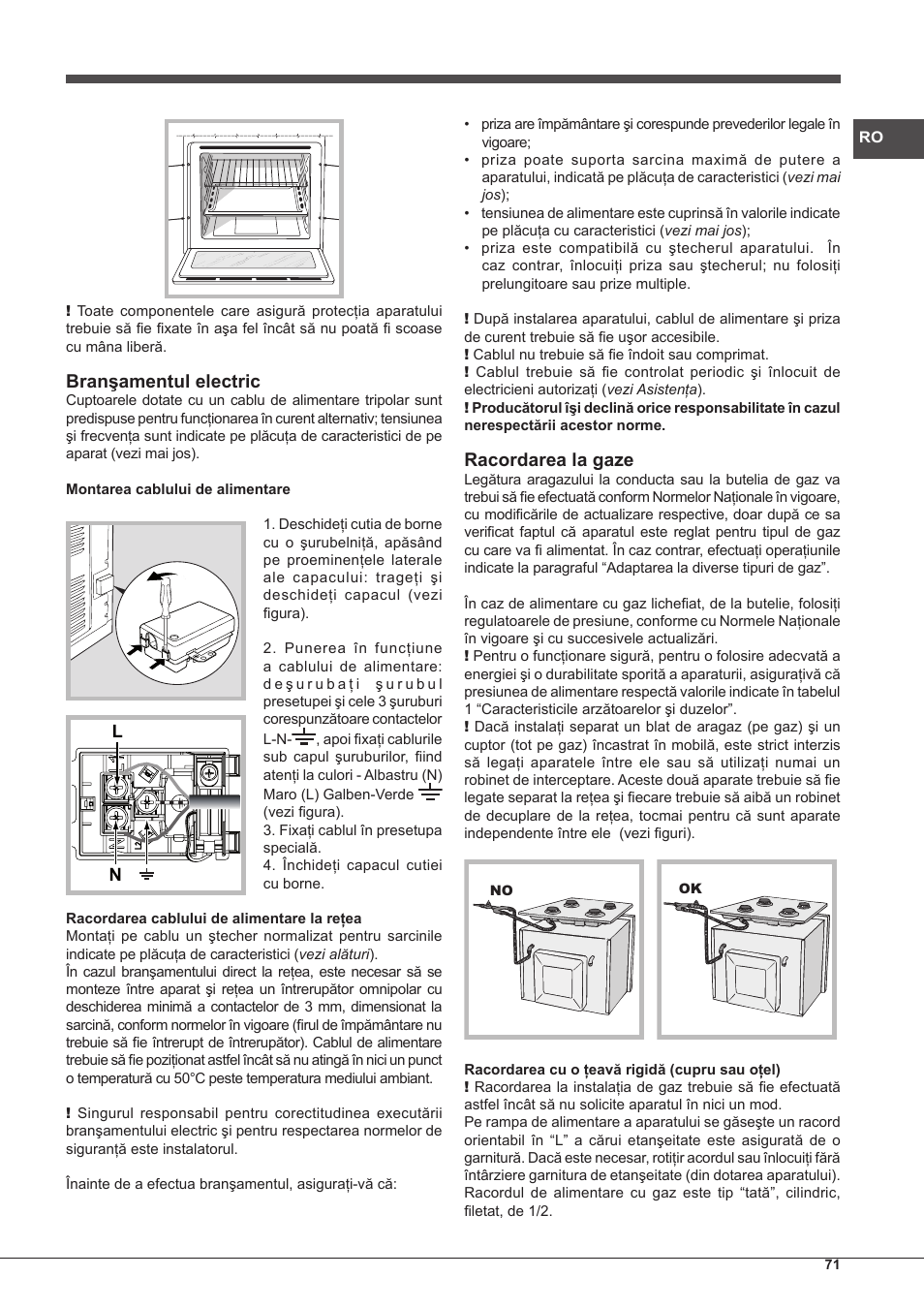 Branşamentul electric, Racordarea la gaze | Hotpoint Ariston FH G /HA S User Manual | Page 71 / 80