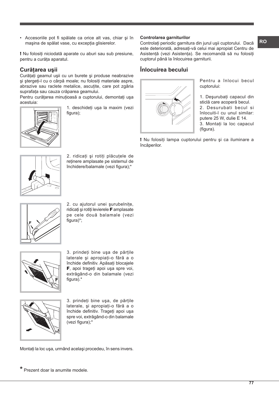 Curăţarea uşii, Înlocuirea becului | Hotpoint Ariston FH G /HA S User Manual | Page 77 / 80