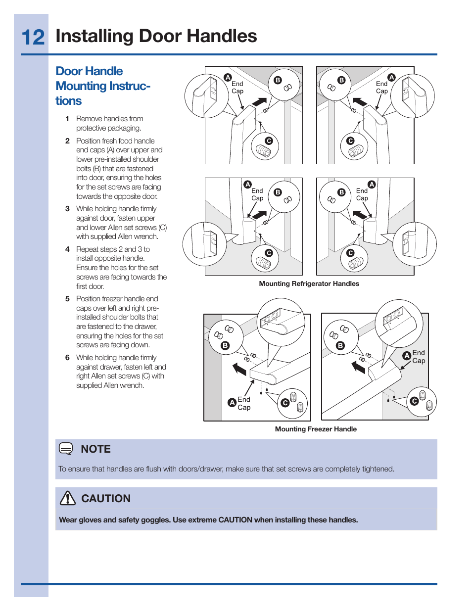 Installing door handles, Door handle mounting instruc- tions | Electrolux EI27BS26JS User Manual | Page 12 / 38